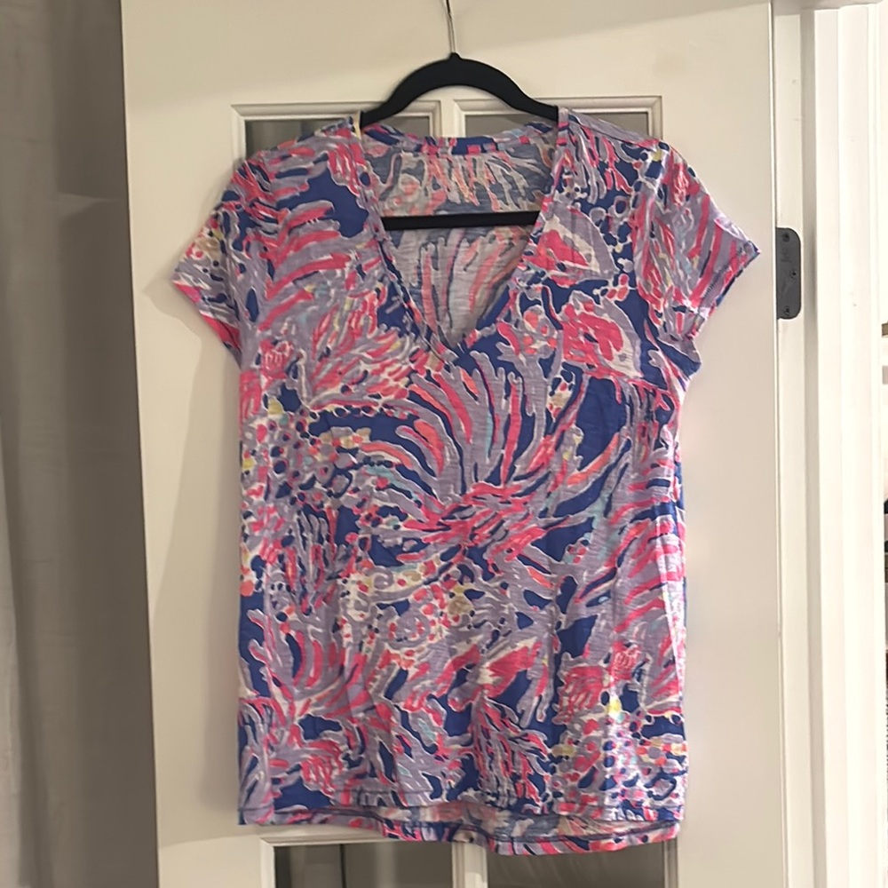Lilly Pulitzer Pink and Blue Etta Tee with V-Neck